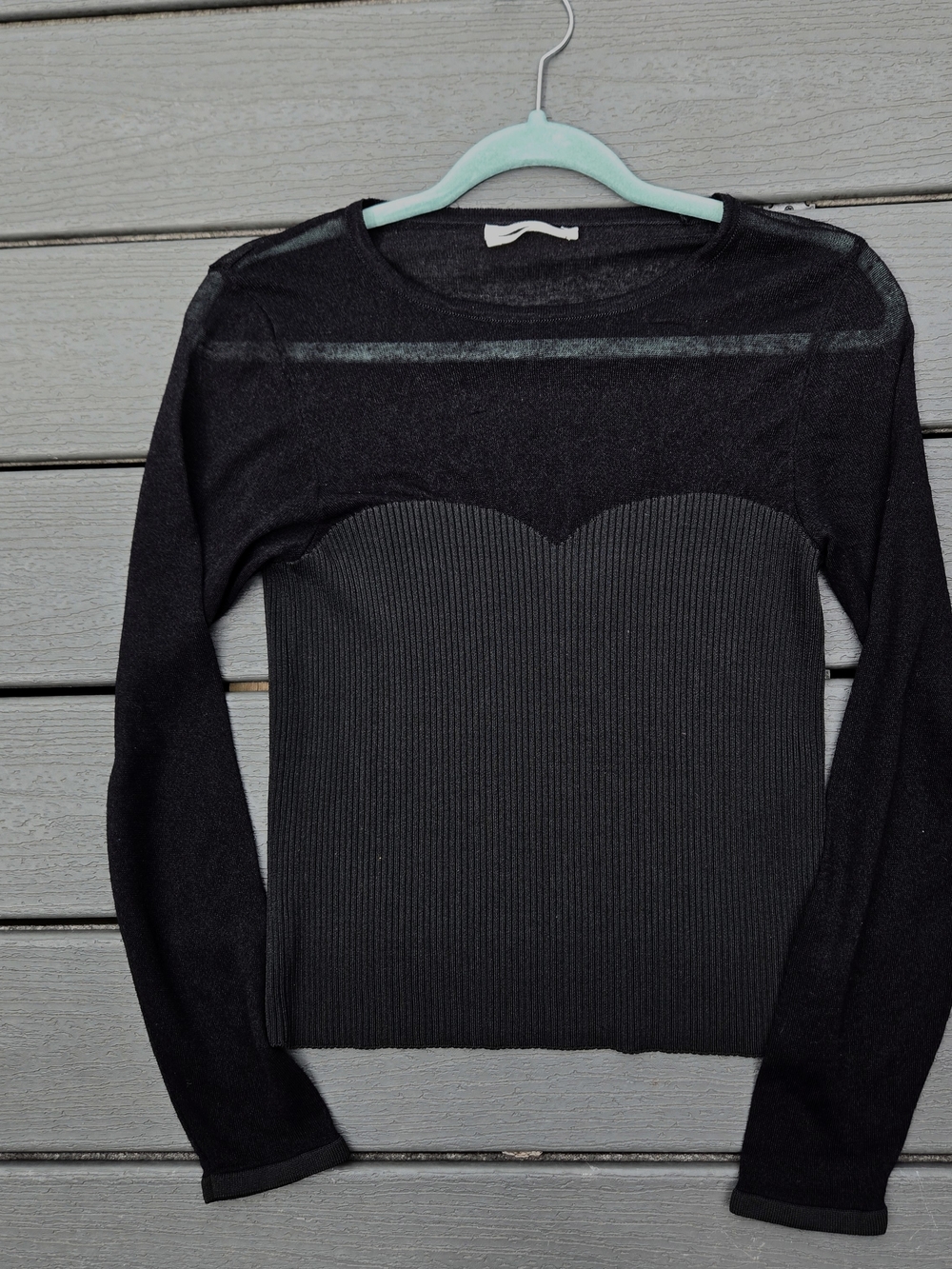 Anthropologie Black Long-Sleeve Sheer Yoke Ribbed Bodice Top